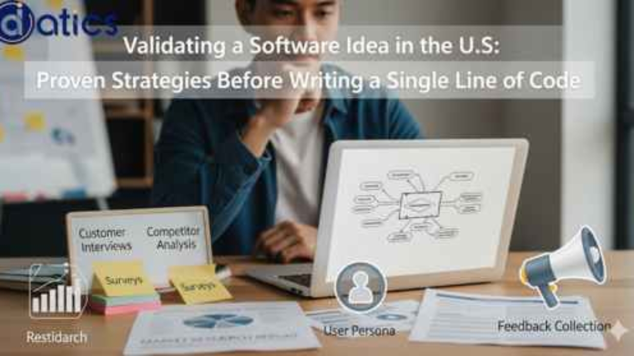 A laptop screen showing a “light bulb” (idea) connected to a flow chart with check marks — symbolizing validation before coding. Background: U.S. map outline with Austin highlighted.