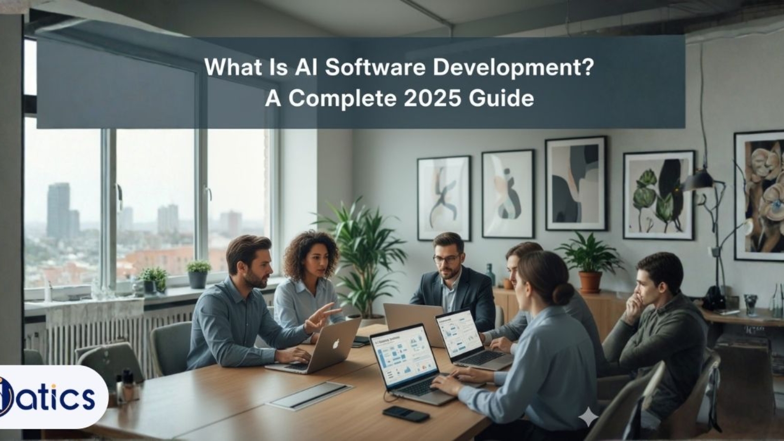 Five people sit at a conference table with laptops in a modern office; a banner reads, "What Is AI Software Development? A Complete 2025 Guide.