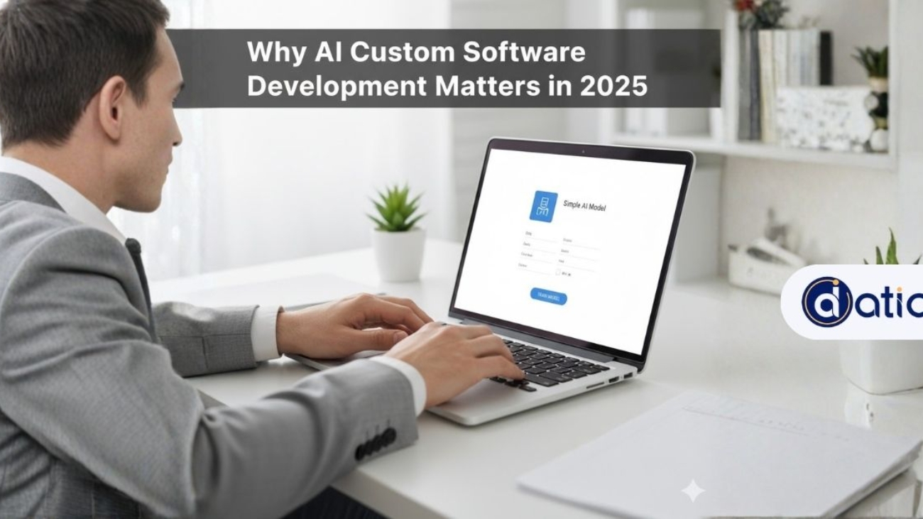 A man works on a laptop at a desk with the screen showing a login page; a banner reads, "Why AI Custom Software Development Matters in 2025.