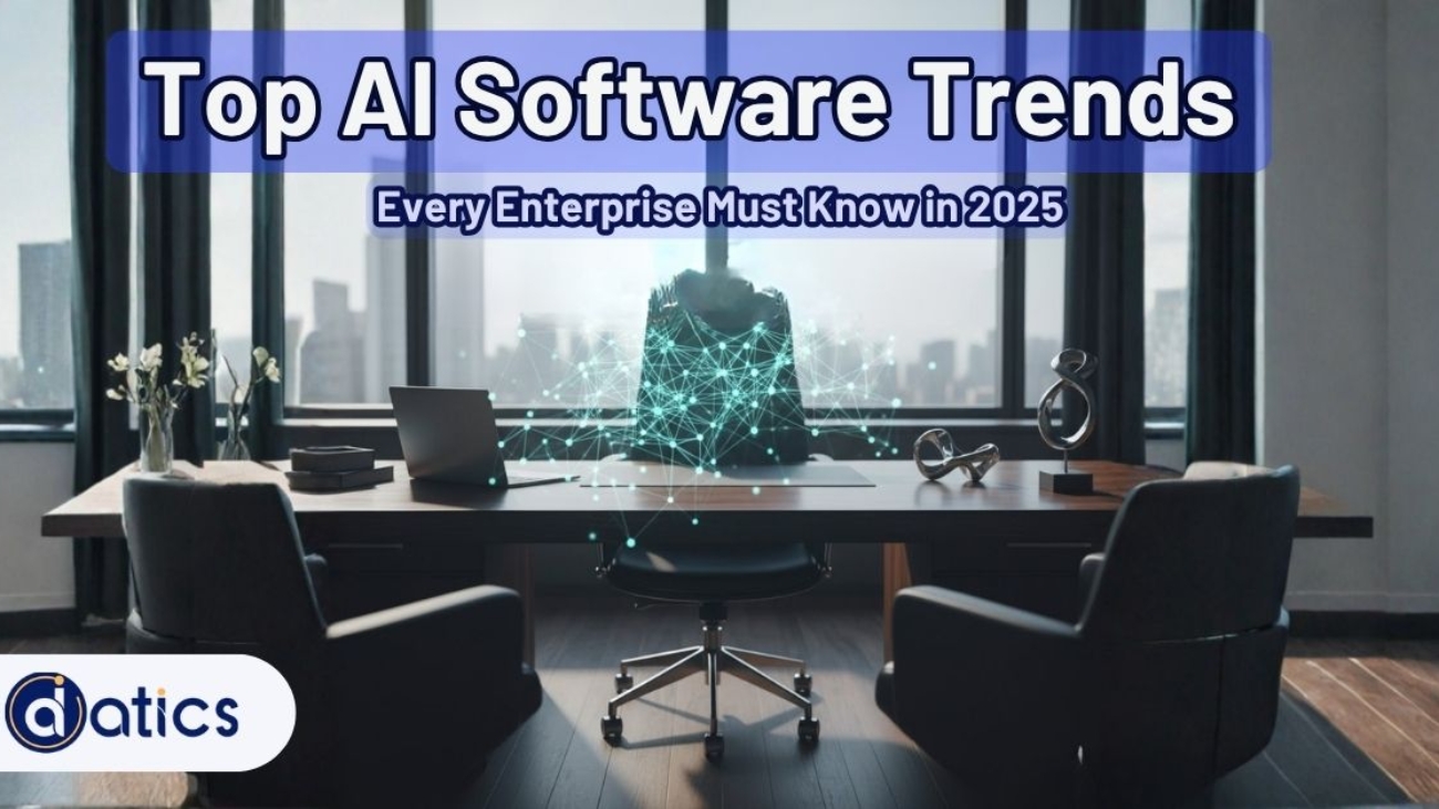Futuristic graphic of a glowing blue neural network hologram floating above a desk in a clean workspace. Overlay text: Top AI Software Trends Every Enterprise Must Know in 2025.
