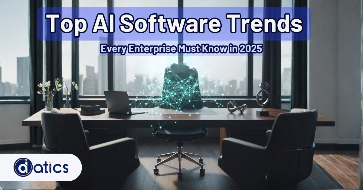 Futuristic graphic of a glowing blue neural network hologram floating above a desk in a clean workspace. Overlay text: Top AI Software Trends Every Enterprise Must Know in 2025.