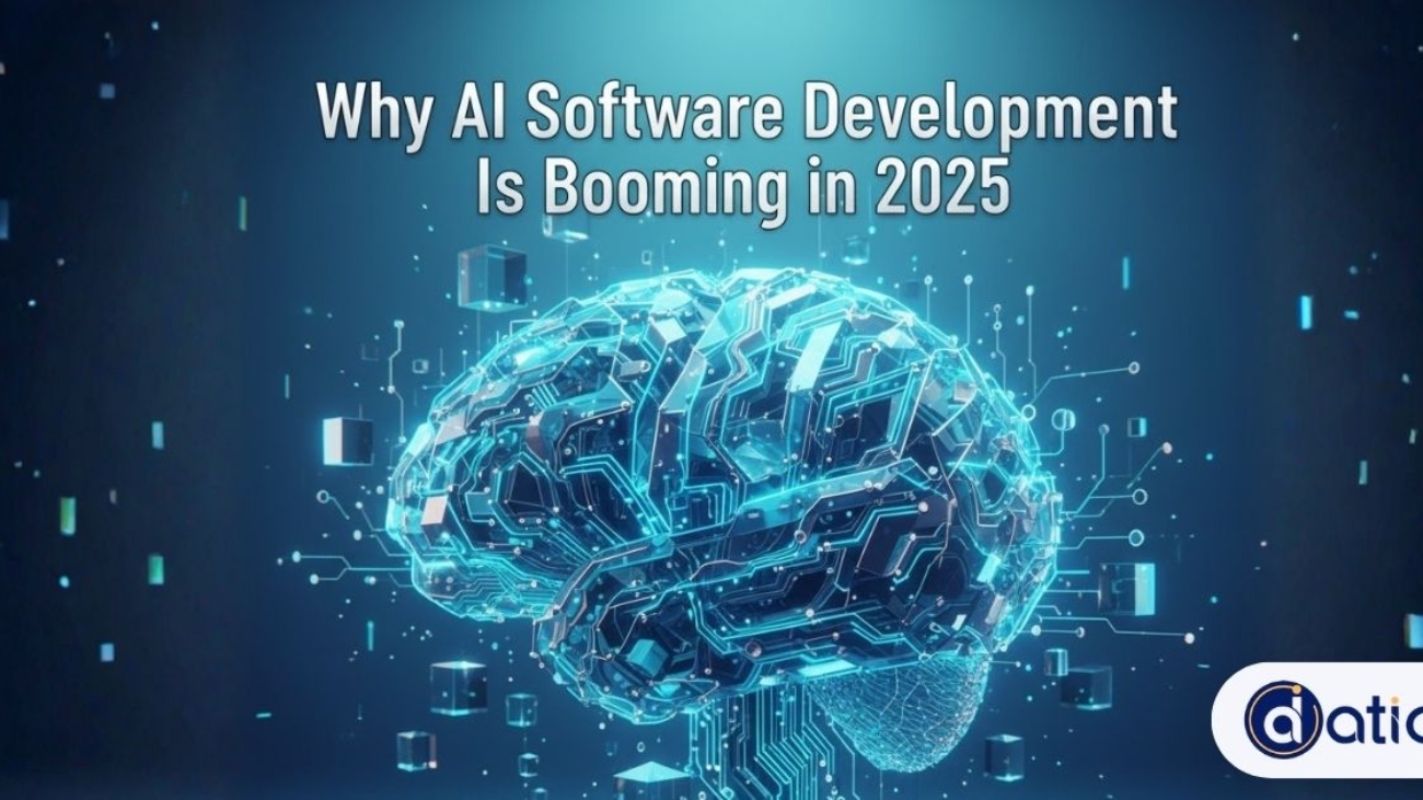 Professional photo of a diverse business team reviewing complex AI software development dashboards and data in a high-rise office. Title overlay emphasizes the 'Why AI Software Development Is Booming in 2025' trend.